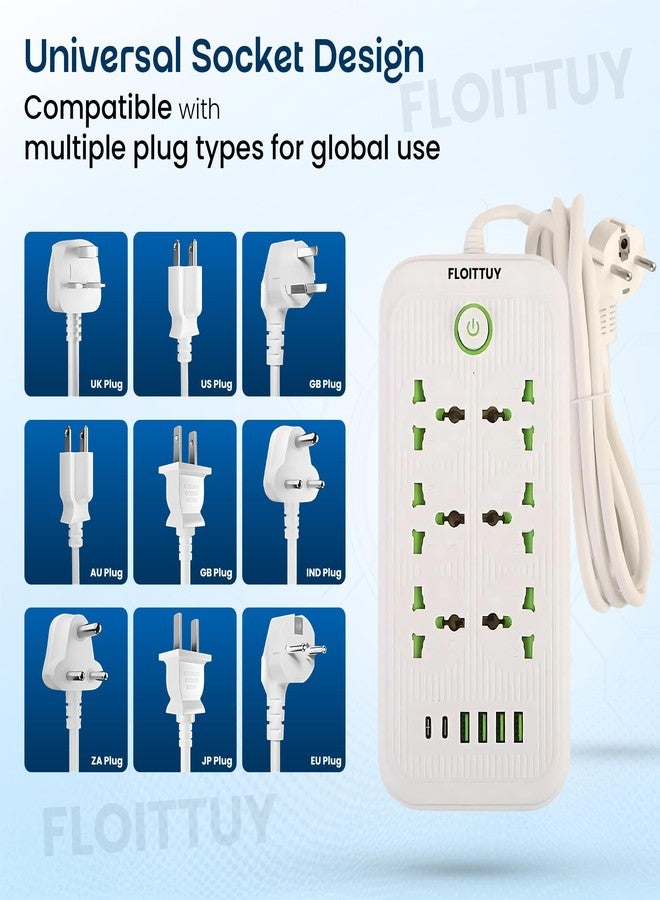 FLOITTUY لوحة توزيع كهربائية متعددة المنافذ | 6 منافذ مزودة بمنافذ USB ومنافذ طاقة من النوع C | قدرة خرج 2500 واط، كابل طويل، خيار التثبيت على الحائط | شريط طاقة مزود بحماية من زيادة التيار | محول سفر (أسود/أبيض) - Image 3