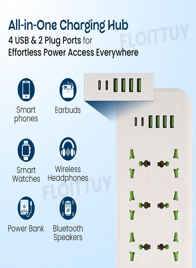 FLOITTUY لوحة توزيع كهربائية متعددة المنافذ | 6 منافذ مزودة بمنافذ USB ومنافذ طاقة من النوع C | قدرة خرج 2500 واط، كابل طويل، خيار التثبيت على الحائط | شريط طاقة مزود بحماية من زيادة التيار | محول سفر (أسود/أبيض) - Image 5