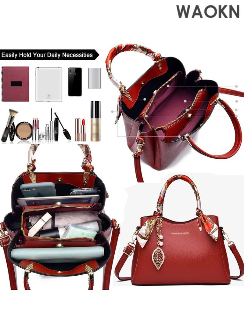 WAOKN Women's Classic Top Handle Handbag - Vegan Leather Satchel Tote Bag with Detachable Shoulder Strap & Silk Scarf - Zip-Top Purse with Inner Pockets for Work, Travel & Daily Use - Elegant Ladies' Shoulder Bag (Red) - Image 1