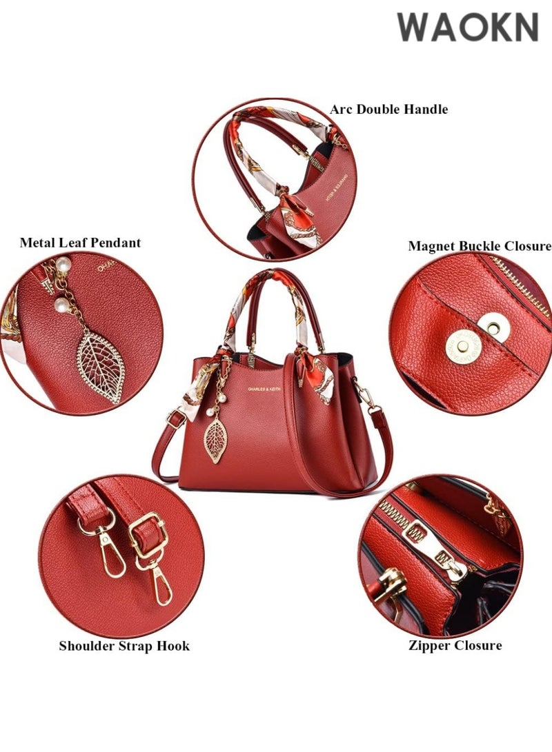 WAOKN Women's Classic Top Handle Handbag - Vegan Leather Satchel Tote Bag with Detachable Shoulder Strap & Silk Scarf - Zip-Top Purse with Inner Pockets for Work, Travel & Daily Use - Elegant Ladies' Shoulder Bag (Red) - Image 2