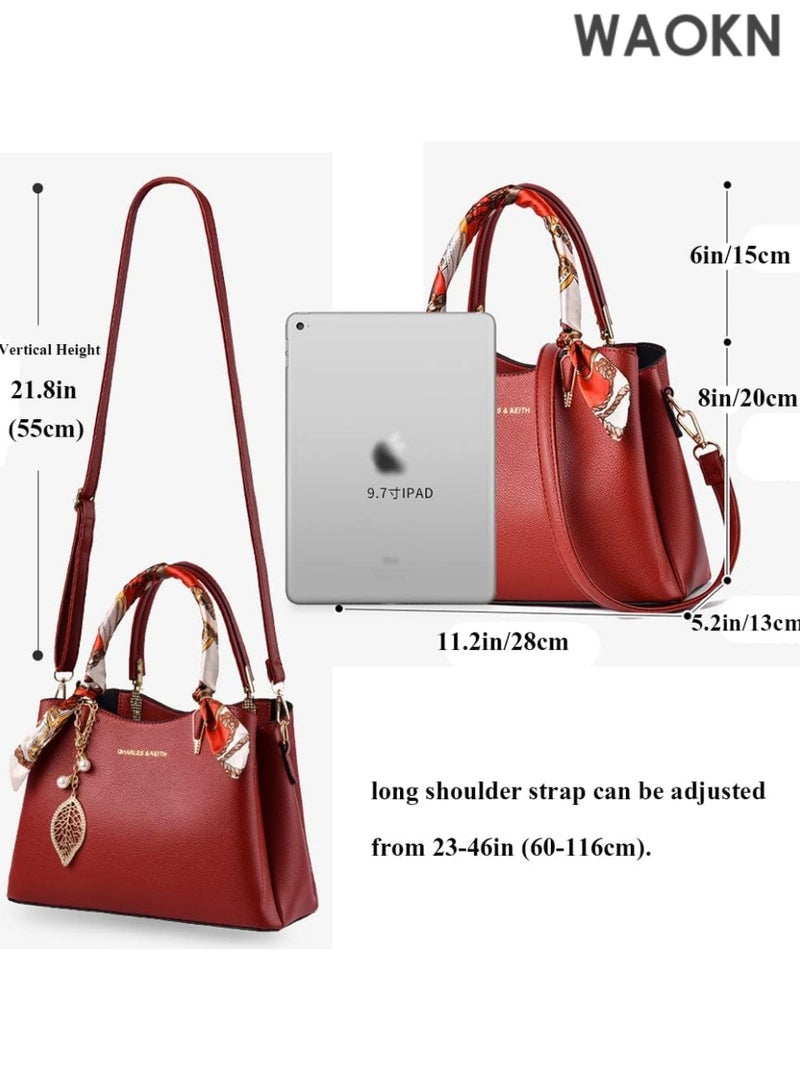 WAOKN Women's Classic Top Handle Handbag - Vegan Leather Satchel Tote Bag with Detachable Shoulder Strap & Silk Scarf - Zip-Top Purse with Inner Pockets for Work, Travel & Daily Use - Elegant Ladies' Shoulder Bag (Red) - Image 4