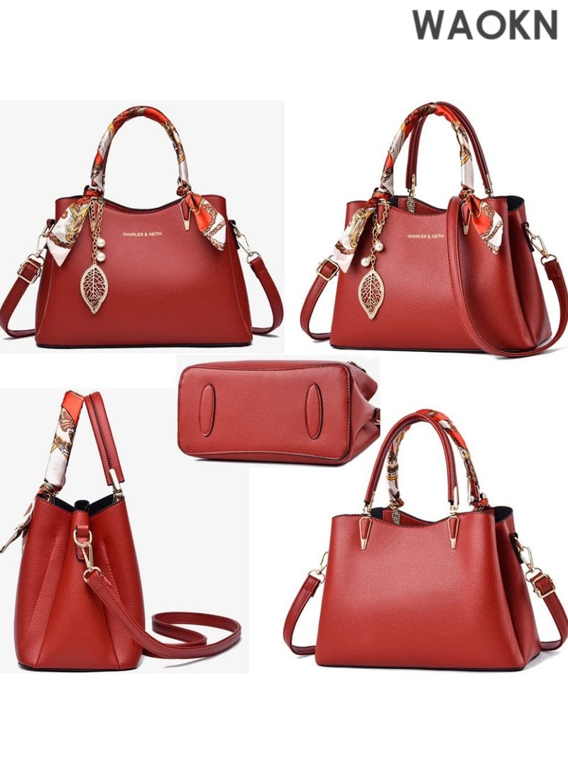 WAOKN Women's Classic Top Handle Handbag - Vegan Leather Satchel Tote Bag with Detachable Shoulder Strap & Silk Scarf - Zip-Top Purse with Inner Pockets for Work, Travel & Daily Use - Elegant Ladies' Shoulder Bag (Red) - Image 3