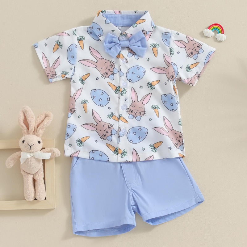 LAGKIYOJ Toddler Boy Easter Outfits Carrot Bunny Print Bowtie Short Sleeve Shirts Tops And Shorts Summer Clothes 2Pcs Set (Blue, 3-4T) - Image 3