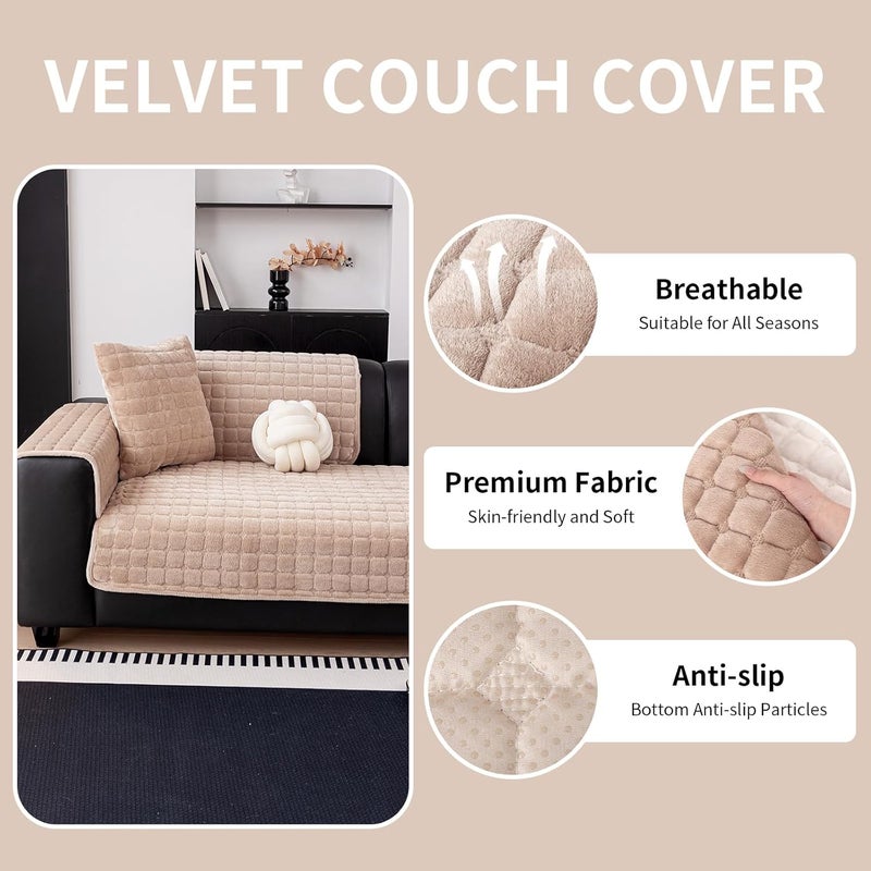 MDSASFD Velvet Couch Cover - Washable Anti-Slip Sofa Slipcover for 3 Cushion L-Shaped Recliner (Khaki) - Image 2