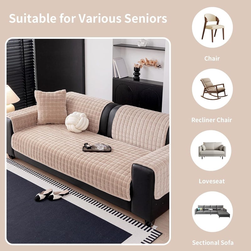 MDSASFD Velvet Couch Cover - Washable Anti-Slip Sofa Slipcover for 3 Cushion L-Shaped Recliner (Khaki) - Image 5