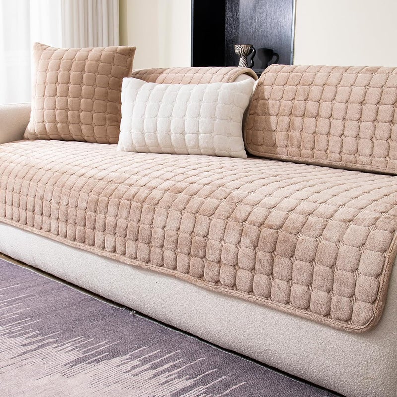 MDSASFD Velvet Couch Cover - Washable Anti-Slip Sofa Slipcover for 3 Cushion L-Shaped Recliner (Khaki) - Image 1