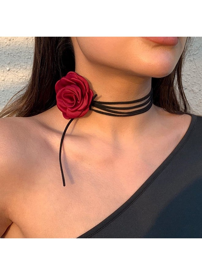 Asphire Artificial Flower Choker Necklace Long Wrap Suede Necklace Vintage Large Flower Collar Tie Necklace Prom Party Statement Accessories For Women (Burgundy) - Image 1