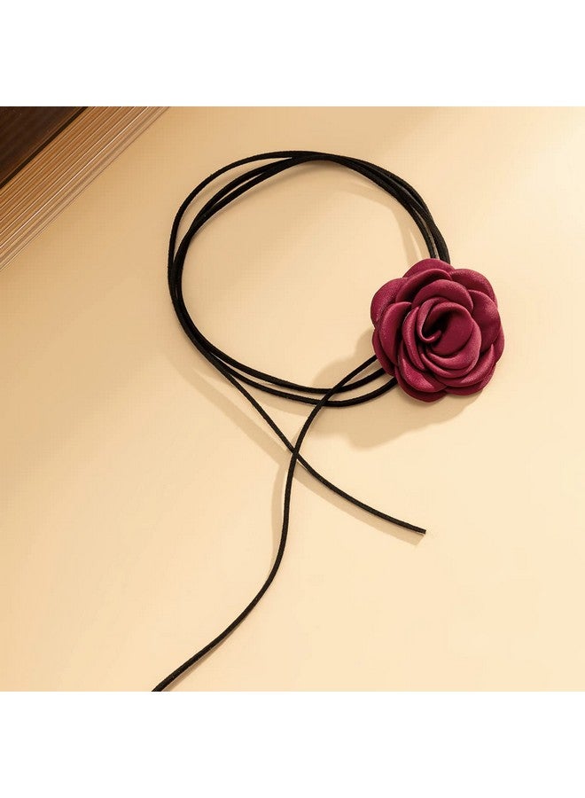 Asphire Artificial Flower Choker Necklace Long Wrap Suede Necklace Vintage Large Flower Collar Tie Necklace Prom Party Statement Accessories For Women (Burgundy) - Image 3