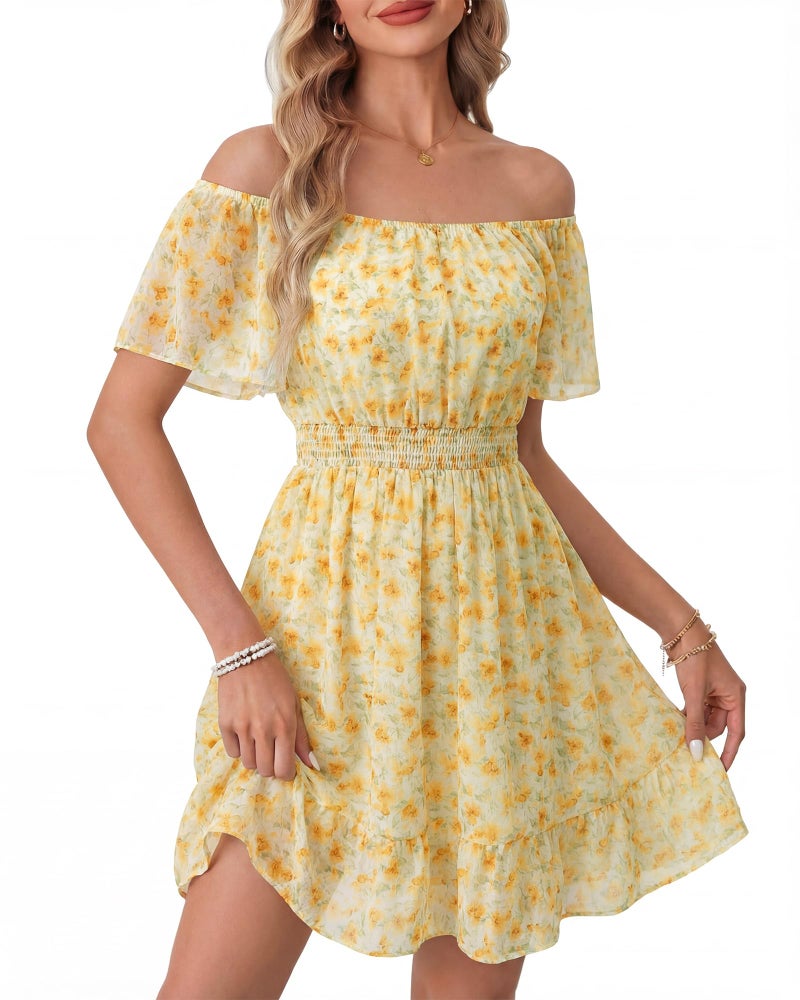 Timeson Short Sleeve Dress for Women: Feminine Romantic Lightweight Flowy Slimming Off-Shoulder Wear Women Summer Dresses Holiday Travel Vacation â€” Beach Dress Casual Chic Daily Outdoor Events M - Image 1