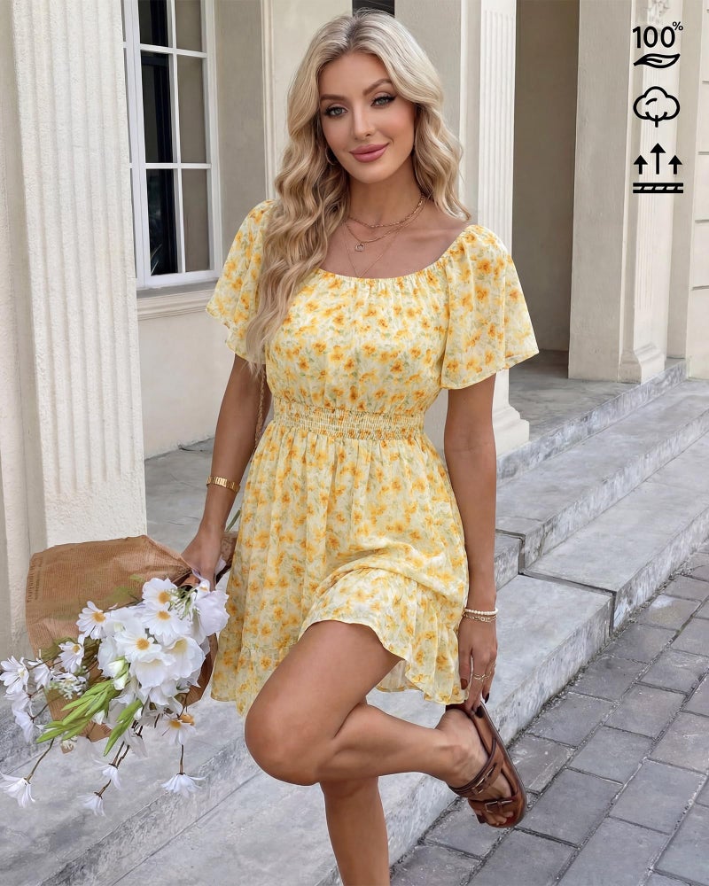 Timeson Short Sleeve Dress for Women: Feminine Romantic Lightweight Flowy Slimming Off-Shoulder Wear Women Summer Dresses Holiday Travel Vacation â€” Beach Dress Casual Chic Daily Outdoor Events M - Image 3