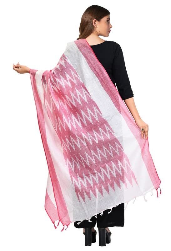 SheenKraft Women's Bhagalpuri Linen Cotton Blend Handloom Ikkat White Dupatta (Stole) with Color Border_Free Size_Color Variation 11571_Pink - Image 5