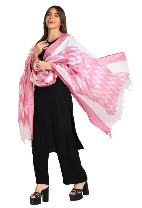 SheenKraft Women's Bhagalpuri Linen Cotton Blend Handloom Ikkat White Dupatta (Stole) with Color Border_Free Size_Color Variation 11571_Pink - Image 4