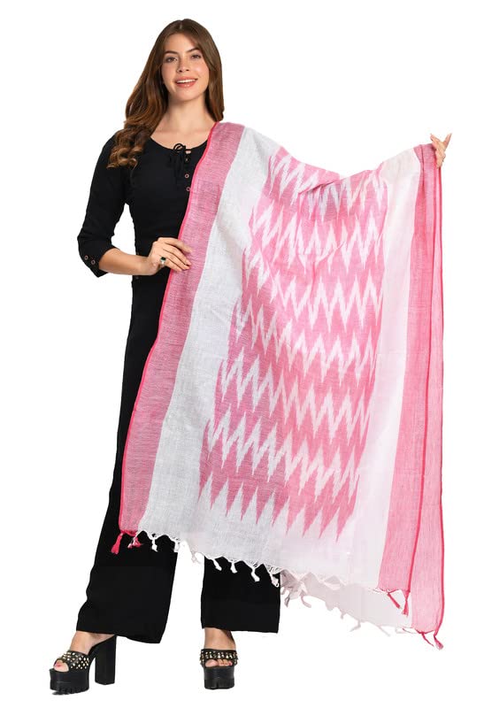 SheenKraft Women's Bhagalpuri Linen Cotton Blend Handloom Ikkat White Dupatta (Stole) with Color Border_Free Size_Color Variation 11571_Pink - Image 2