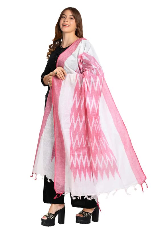SheenKraft Women's Bhagalpuri Linen Cotton Blend Handloom Ikkat White Dupatta (Stole) with Color Border_Free Size_Color Variation 11571_Pink - Image 3