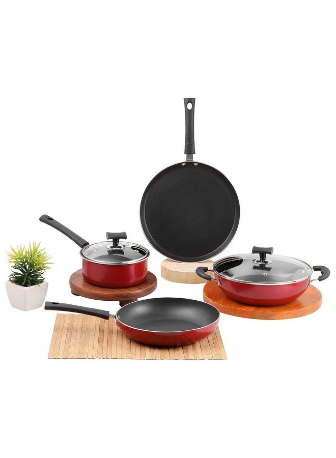 Vinod Popular Aluminium Non Stick Cookware Set Of 4|2.5 Ltr Kadai, 1.3 Ltr Saucepan, 24Cm Frypan And 28Cm Dosa Tawa|3Mm Thick, 3 Layer Coating|Induction Base|2 Year Warranty, Red - Image 2