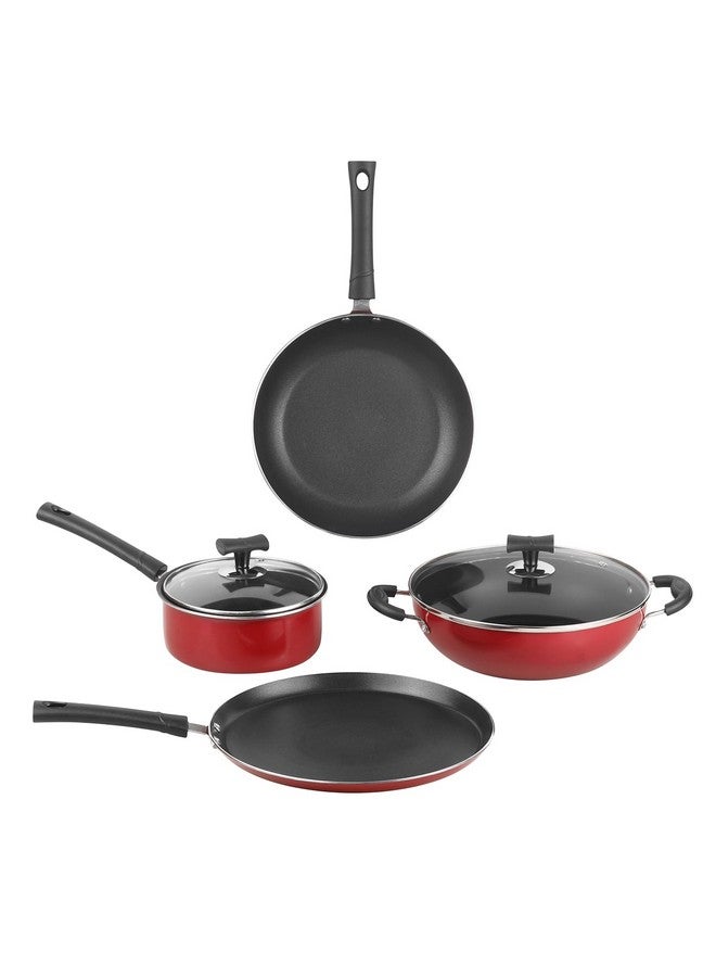 Vinod Popular Aluminium Non Stick Cookware Set Of 4|2.5 Ltr Kadai, 1.3 Ltr Saucepan, 24Cm Frypan And 28Cm Dosa Tawa|3Mm Thick, 3 Layer Coating|Induction Base|2 Year Warranty, Red - Image 1