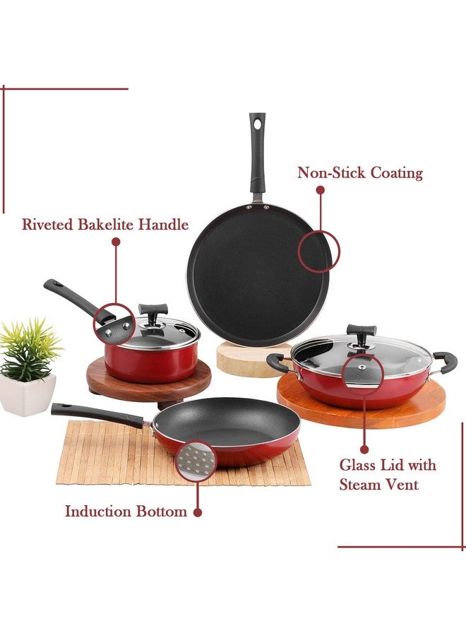Vinod Popular Aluminium Non Stick Cookware Set Of 4|2.5 Ltr Kadai, 1.3 Ltr Saucepan, 24Cm Frypan And 28Cm Dosa Tawa|3Mm Thick, 3 Layer Coating|Induction Base|2 Year Warranty, Red - Image 4