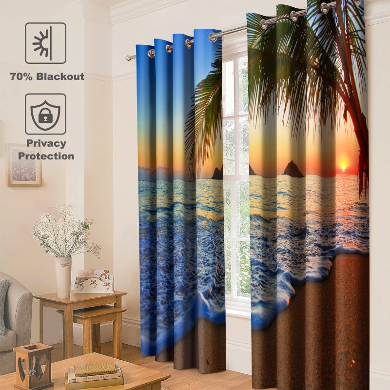 Jekeno Tropical Beachy Blackout Curtains Ocean Sunset Seaside Palm Tree Dusk Nature Scenery Print Drapes Decor Home Bedroom Living Room Darkening Grommet Window Treatments 2 Panel Set,52x84 Inch - Image 2
