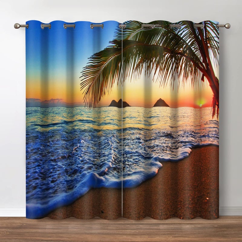 Jekeno Tropical Beachy Blackout Curtains Ocean Sunset Seaside Palm Tree Dusk Nature Scenery Print Drapes Decor Home Bedroom Living Room Darkening Grommet Window Treatments 2 Panel Set,52x84 Inch - Image 1