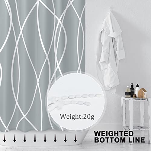 Punkray Light Grey Shower Curtain for Bathroom with Hooks, Shower Curtain Set Stripe Bath Curtains Decorative White Shower Curtains Weighted Hem Water Repellent Washable, 72 x 72 - Image 3