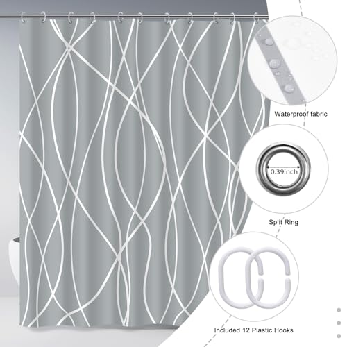 Punkray Light Grey Shower Curtain for Bathroom with Hooks, Shower Curtain Set Stripe Bath Curtains Decorative White Shower Curtains Weighted Hem Water Repellent Washable, 72 x 72 - Image 5