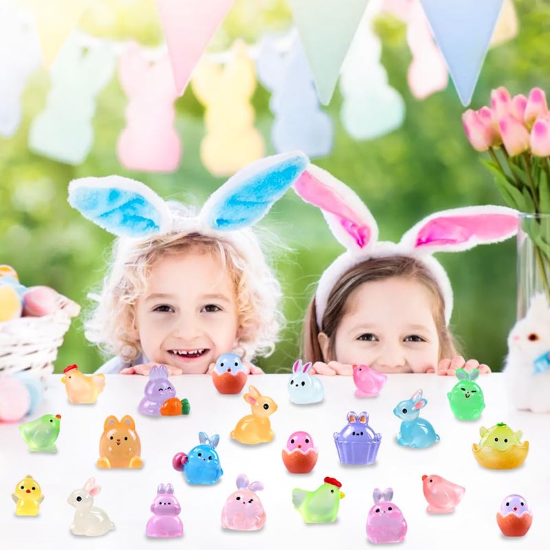 DULEFUN 50pcs Easter Luminous Mini Resin Figures, Little Small Easter Glow in The Dark Bunny Miniature Rabbit Chick Figurines for Dollhouse Micro Garden Landscape Decoration Egg Fillers Party Favors - Image 2