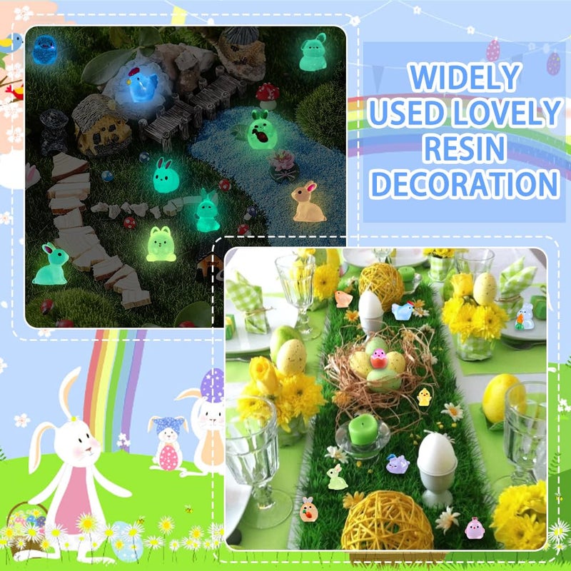 DULEFUN 50pcs Easter Luminous Mini Resin Figures, Little Small Easter Glow in The Dark Bunny Miniature Rabbit Chick Figurines for Dollhouse Micro Garden Landscape Decoration Egg Fillers Party Favors - Image 3