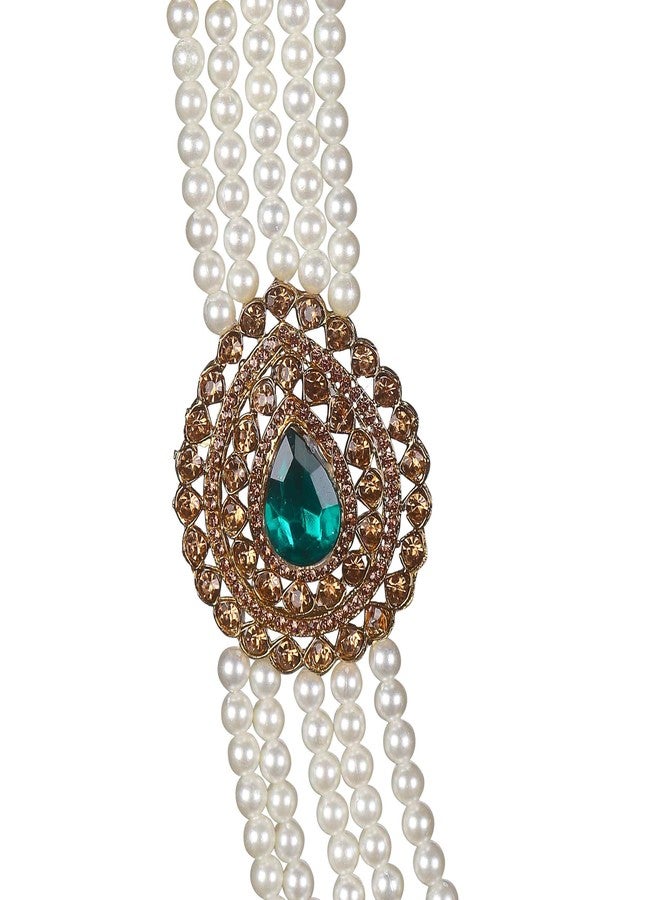 KRYPMAX Pearl Necklace Jewellery for Groom Five Line Dulha Moti Mala Haar for Men (PCN-014-031-White-Green_Pack of 1) - Image 3