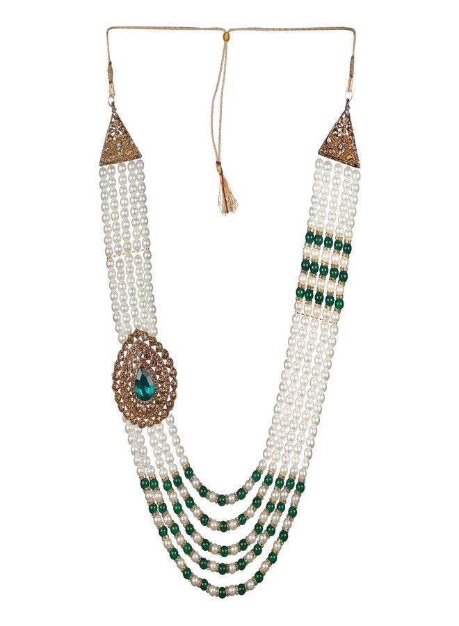 KRYPMAX Pearl Necklace Jewellery for Groom Five Line Dulha Moti Mala Haar for Men (PCN-014-031-White-Green_Pack of 1) - Image 1