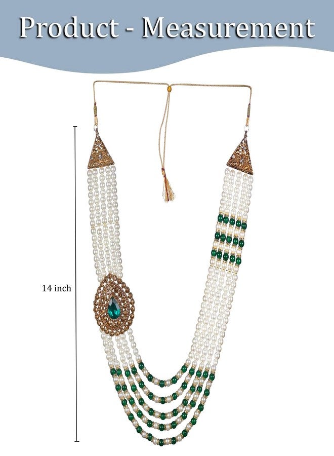 KRYPMAX Pearl Necklace Jewellery for Groom Five Line Dulha Moti Mala Haar for Men (PCN-014-031-White-Green_Pack of 1) - Image 4
