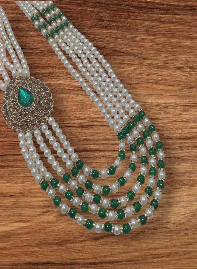 KRYPMAX Pearl Necklace Jewellery for Groom Five Line Dulha Moti Mala Haar for Men (PCN-014-031-White-Green_Pack of 1) - Image 5