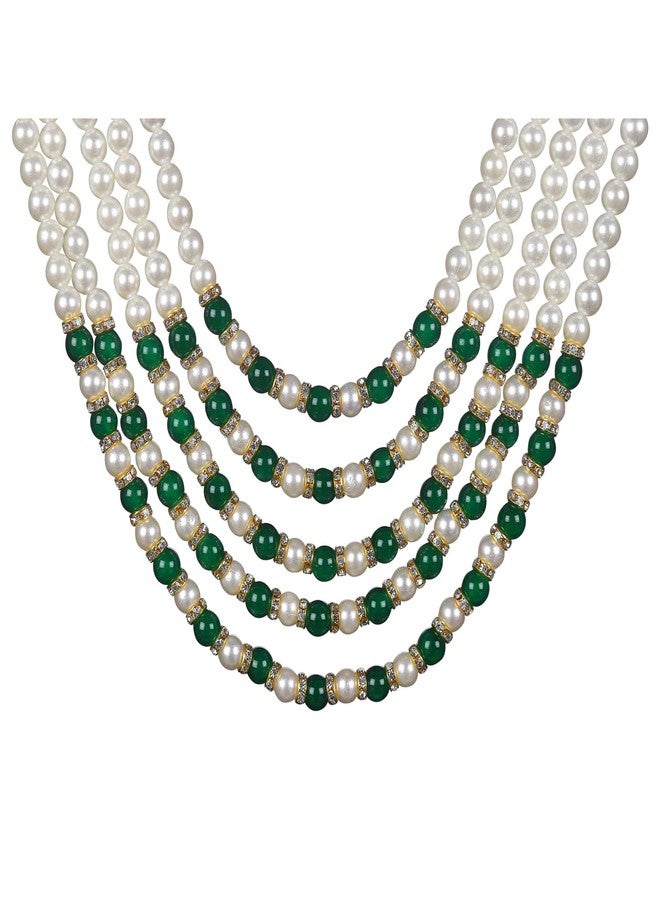 KRYPMAX Pearl Necklace Jewellery for Groom Five Line Dulha Moti Mala Haar for Men (PCN-014-031-White-Green_Pack of 1) - Image 2