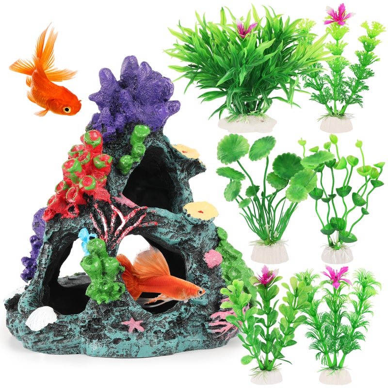 MyLifeUNIT Fish Tank Decorations, 7 Pieces Aquarium Plants Set with Coral Reef Decoration Mountain Cave Ornament for Betta, Goldfish, Shrimp to Breed, Play and Rest (Green) - Image 1