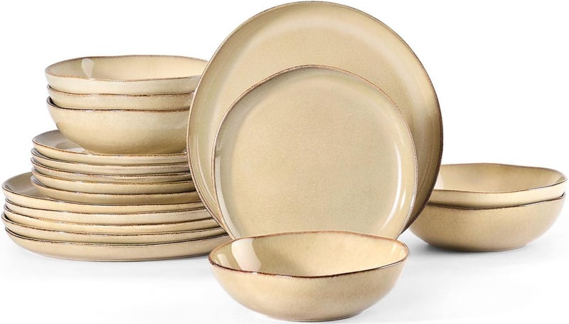 Herogo Stoneware Dinnerware Sets for 6 18pcs Irregular Handmade Dinner Dish Set Plates and Bowls Dishware for Kitchen Dining Microwave  Dishwasher Safe Cream Khaki - Image 1