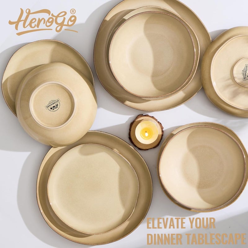 Herogo Stoneware Dinnerware Sets for 6 18pcs Irregular Handmade Dinner Dish Set Plates and Bowls Dishware for Kitchen Dining Microwave  Dishwasher Safe Cream Khaki - Image 3