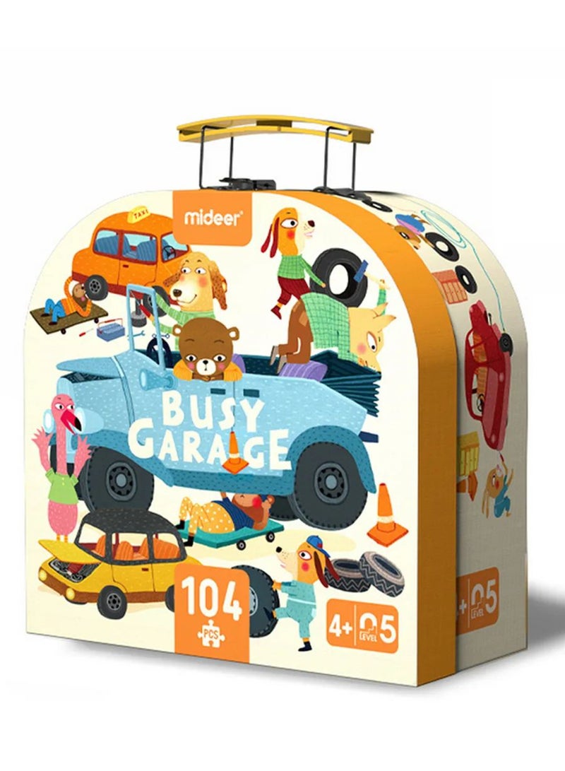 MiDeer صندوق الألغاز للمرآب للأطفال - 104 قطعة لغز أرضي للأعمار من 4 سنوات فما فوق - لغز تعليمي للمركبات والحيوانات - 76 × 40 سم مع حقيبة حمل - Image 1
