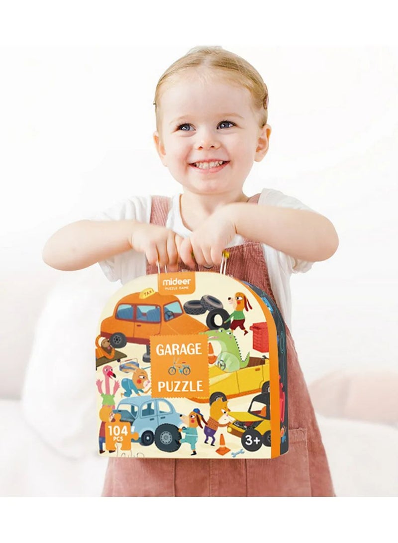 MiDeer صندوق الألغاز للمرآب للأطفال - 104 قطعة لغز أرضي للأعمار من 4 سنوات فما فوق - لغز تعليمي للمركبات والحيوانات - 76 × 40 سم مع حقيبة حمل - Image 2