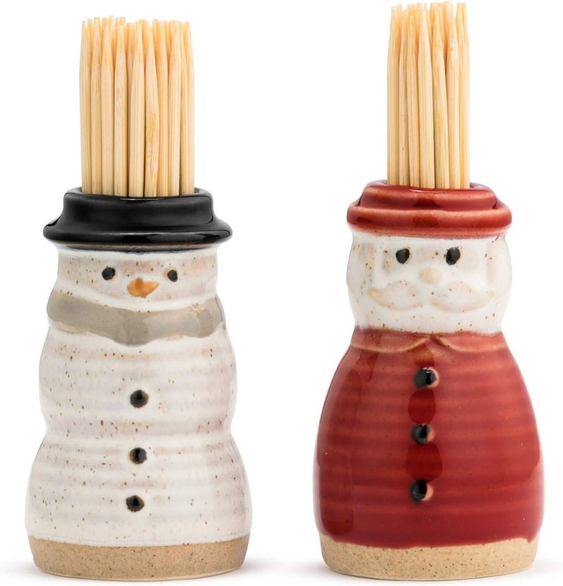 DEMDACO Distressed Red Santa White Snowman 2.5 x 1.5 Stoneware Decorative Toothpick Holder Set 2 - Image 2