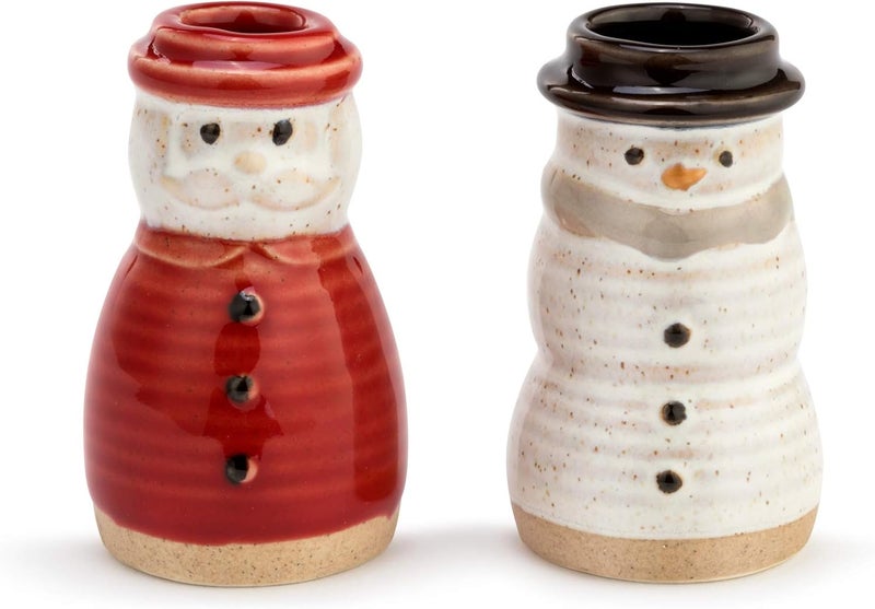 DEMDACO Distressed Red Santa White Snowman 2.5 x 1.5 Stoneware Decorative Toothpick Holder Set 2 - Image 1