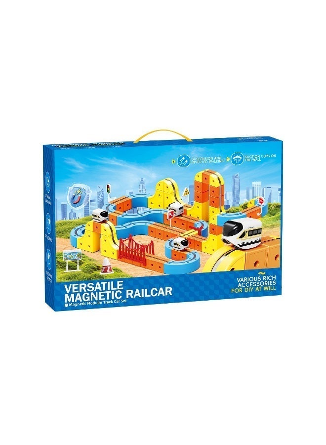 ماجني الاصحاب 147 PCS Versatile Magnetic Track Car Set – Gravity Defying Rail Track Building Blocks with USB Rechargeable Train, Bridges and Accessories for Kids STEM Creative Play - Image 1