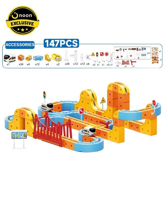 ماجني الاصحاب 147 PCS Versatile Magnetic Track Car Set – Gravity Defying Rail Track Building Blocks with USB Rechargeable Train, Bridges and Accessories for Kids STEM Creative Play - Image 2