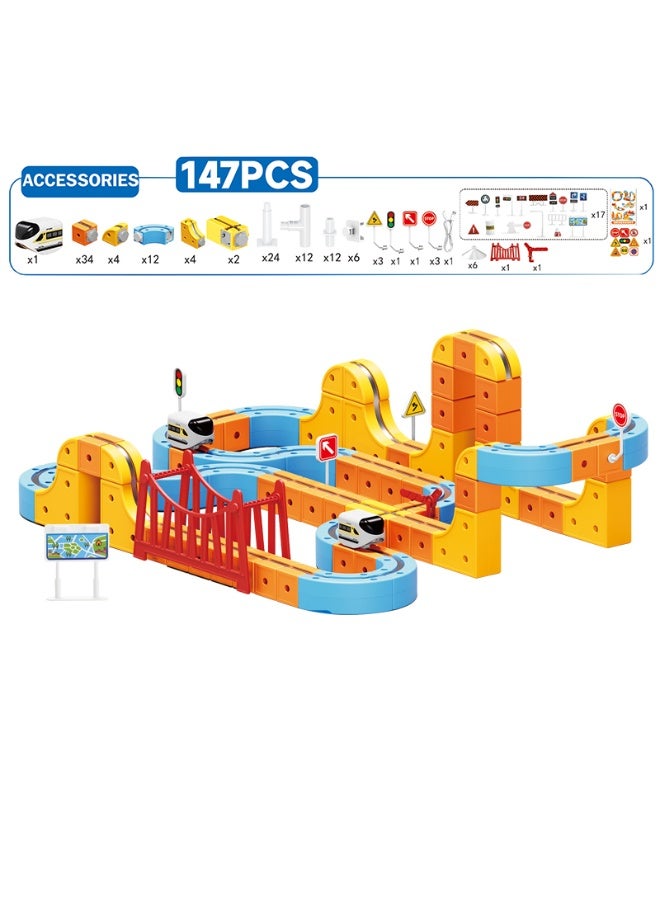Magni Mates 147 PCS Versatile Magnetic Track Car Set – Gravity Defying Rail Track Building Blocks with USB Rechargeable Train, Bridges and Accessories for Kids STEM Creative Play - Image 1