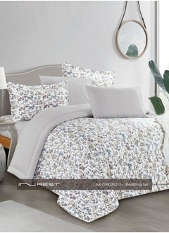Inrest Home 4-Piece Bed Set – Includes Single Comforter (170×230 cm), Fitted Sheet, and 2 Pillow Covers – 100% Cotton in White and Light Gray with Delicate Floral Patterns. 
