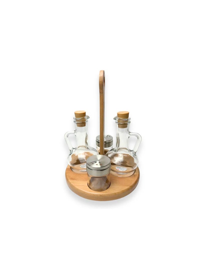 Oil Vinegar Salt and Pepper Set With Wooden Stand - Image 1