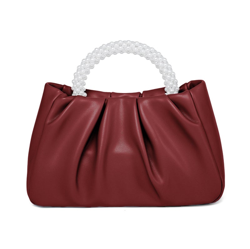 Beatfull Evening Purse Women Small Pearl Handbags Soft Leather Ruched Bag Wedding Bridal Clutch Party Prom Crossbody Purses Wine red - Image 1