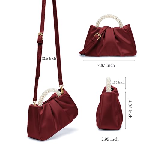 Beatfull Evening Purse Women Small Pearl Handbags Soft Leather Ruched Bag Wedding Bridal Clutch Party Prom Crossbody Purses Wine red - Image 5