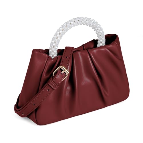 Beatfull Evening Purse Women Small Pearl Handbags Soft Leather Ruched Bag Wedding Bridal Clutch Party Prom Crossbody Purses Wine red - Image 3