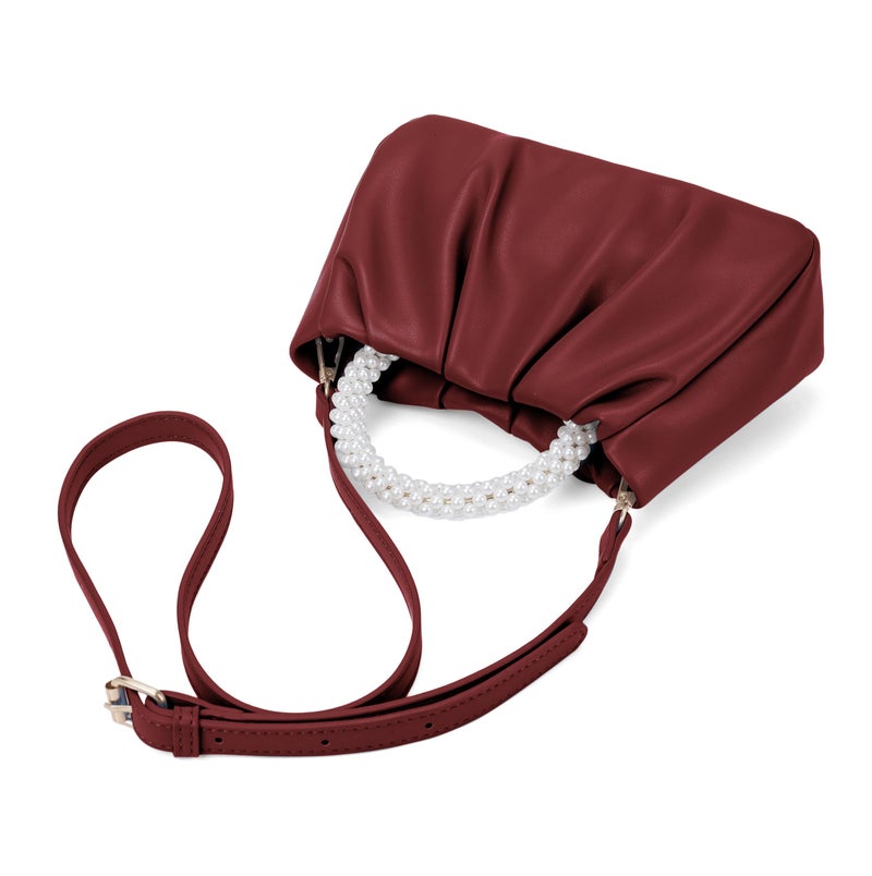 Beatfull Evening Purse Women Small Pearl Handbags Soft Leather Ruched Bag Wedding Bridal Clutch Party Prom Crossbody Purses Wine red - Image 4
