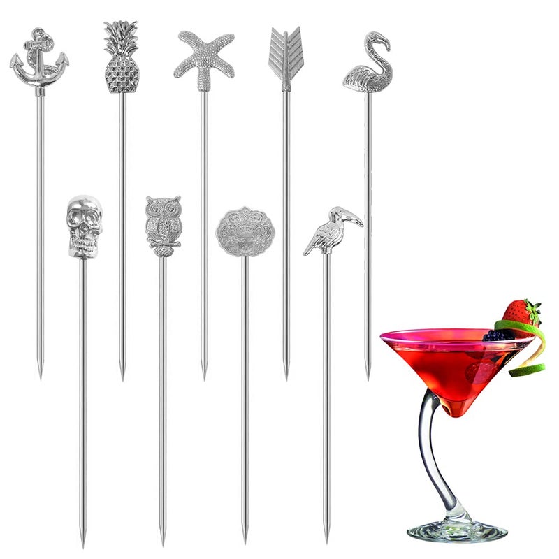 Martini Cocktail Picks Reusable Olive Picks Garnish Skewer Fruit Toothpicks Set of 9 Silver
