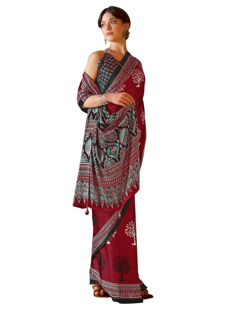 SAREE MALL Women's Ajrak Crepe Satin Printed Saree With Unstitched Blouse Piece(Red_MOHAR201A_HS) - Image 1